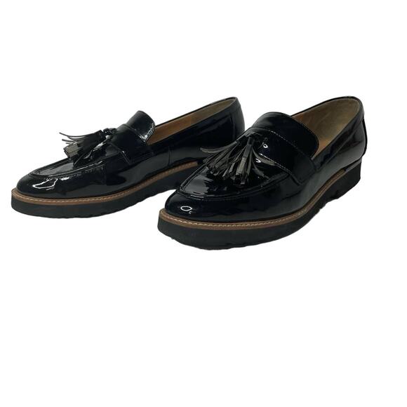 Franco Sarto Loafers Carolynn Lug Sole Tasseled Slip On Shiny Black 10M Office - Picture 1 of 12